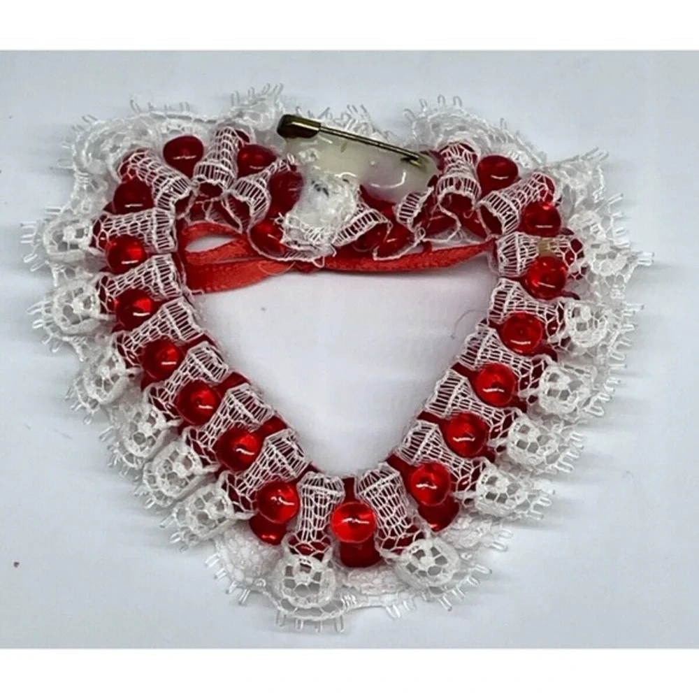 Beaded Heart Brooch With Lace Red Bow Valentines Day Pin Vintage‎ Handmade